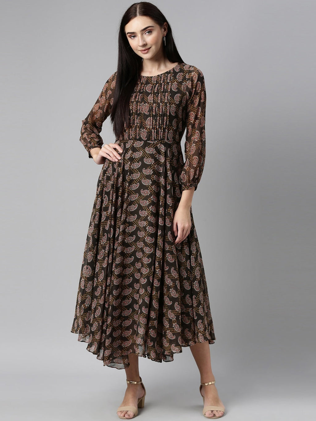Souchii Olive Green & Red Ethnic Motifs Printed Chiffon A-Line Maxi Dress | Grocsy