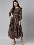 Souchii Olive Green & Red Ethnic Motifs Printed Chiffon A-Line Maxi Dress | Grocsy