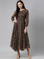 Souchii Olive Green & Red Ethnic Motifs Printed Chiffon A-Line Maxi Dress | Grocsy