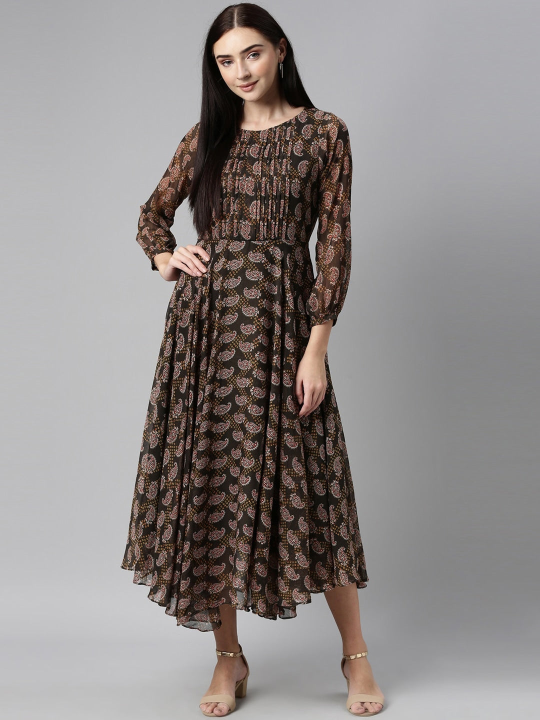 Souchii Olive Green & Red Ethnic Motifs Printed Chiffon A-Line Maxi Dress | Grocsy