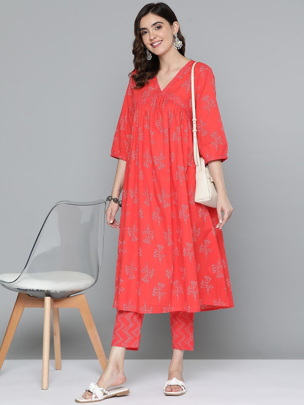 HERE&NOW Floral Print Cotton Empire Kurta with Trousers | Grocsy