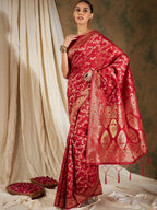 Sangria Red & Gold-Toned Floral Woven Design Zari Banarasi Saree | Grocsy