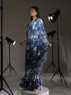 Tikhi Imli Blue Floral Printed Satin Ruffles Saree | Grocsy