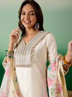 Sangria Off White Floral Embroidered Zari Sequence A-Line Kurta With Trouser & Dupatta | Grocsy