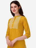 HERE&NOW Yoke Design Mandarin Collar Thread Work Cotton Kurta | Grocsy