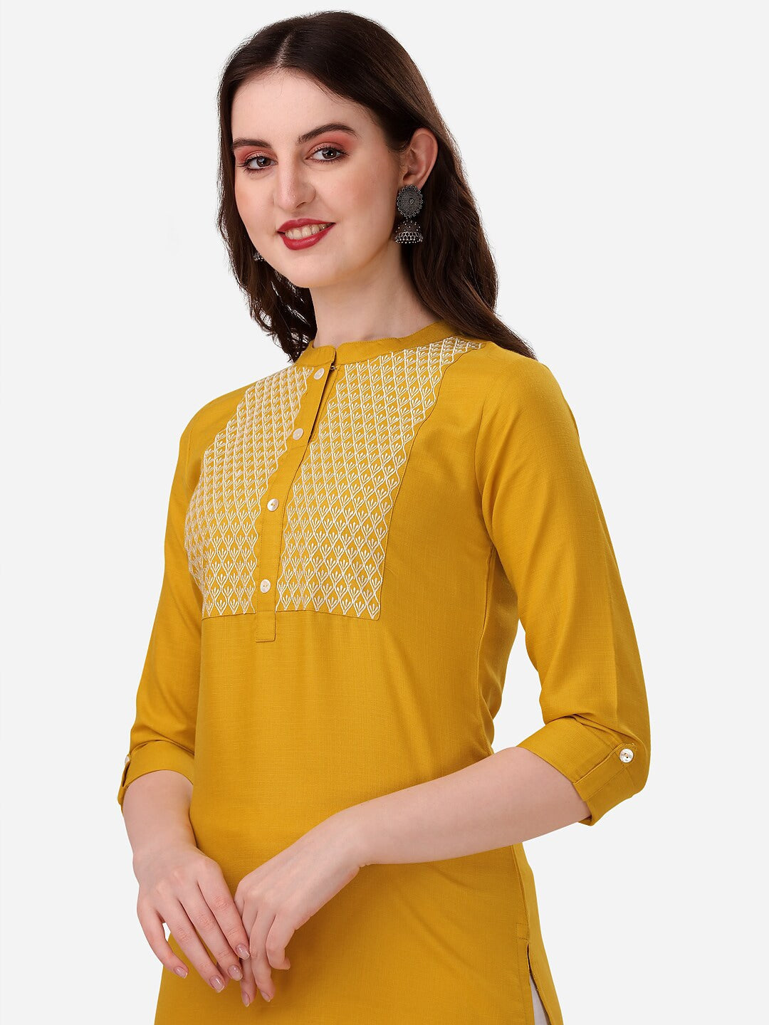 HERE&NOW Yoke Design Mandarin Collar Thread Work Cotton Kurta | Grocsy