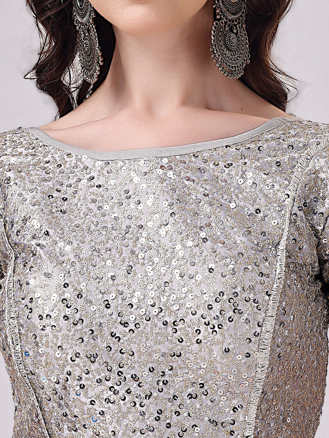 Tikhi Imli Grey Embellished Boat Neck Sequinned Detailed Saree Blouse | Grocsy