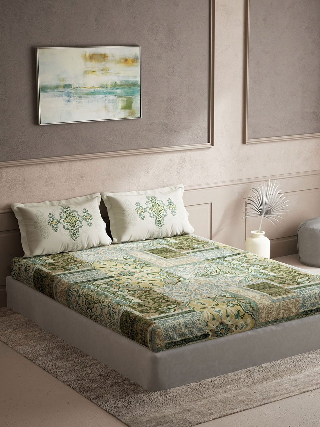 DDecor Green & White Ethnic Motifs Cotton 140 TC King Bedsheet with 2 Pillow Covers | Grocsy