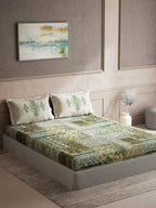 DDecor Green & White Ethnic Motifs Cotton 140 TC King Bedsheet with 2 Pillow Covers | Grocsy