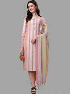 HERE&NOW Peach & White Striped Pure Cotton Kurta With Trousers & Dupatta | Grocsy