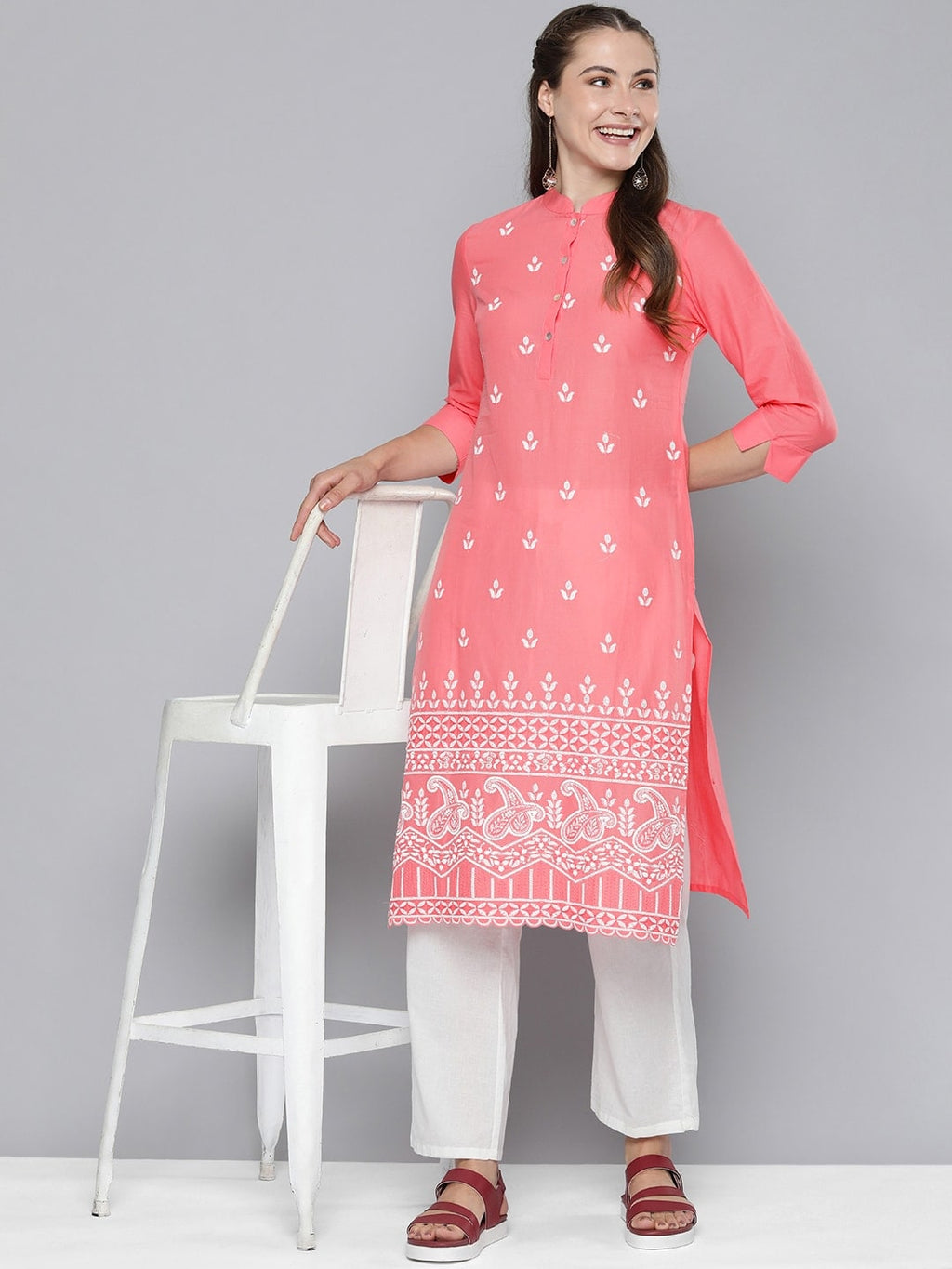HERE&NOW Women Pure Cotton Ethnic Motifs Embroidered Thread Work Pastels Kurta | Grocsy