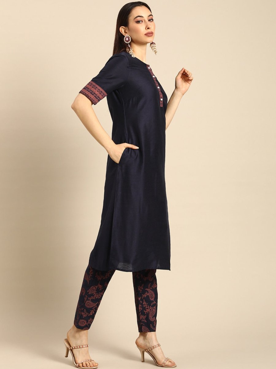 All About You Women Navy Blue Ethnic Motifs Printed Regular Kurta with Printed Trousers | Grocsy