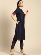 All About You Women Navy Blue Ethnic Motifs Printed Regular Kurta with Printed Trousers | Grocsy