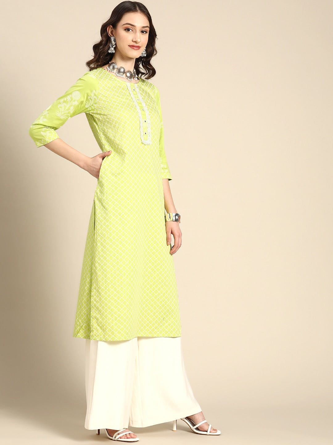 Sangria Women Lime Green Printed Satin Kurta | Grocsy