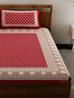 UNIQCHOICE Red & White Ethnic Motifs Pure Cotton 120 TC Queen Bedsheet & 2 Pillow Covers | Grocsy
