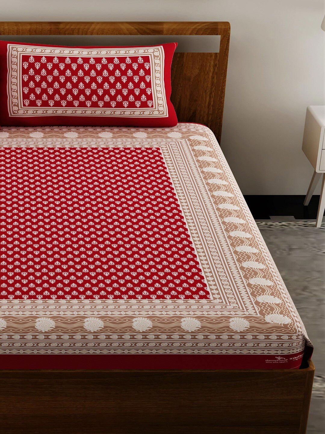 UNIQCHOICE Red & White Ethnic Motifs Pure Cotton 120 TC Queen Bedsheet & 2 Pillow Covers | Grocsy