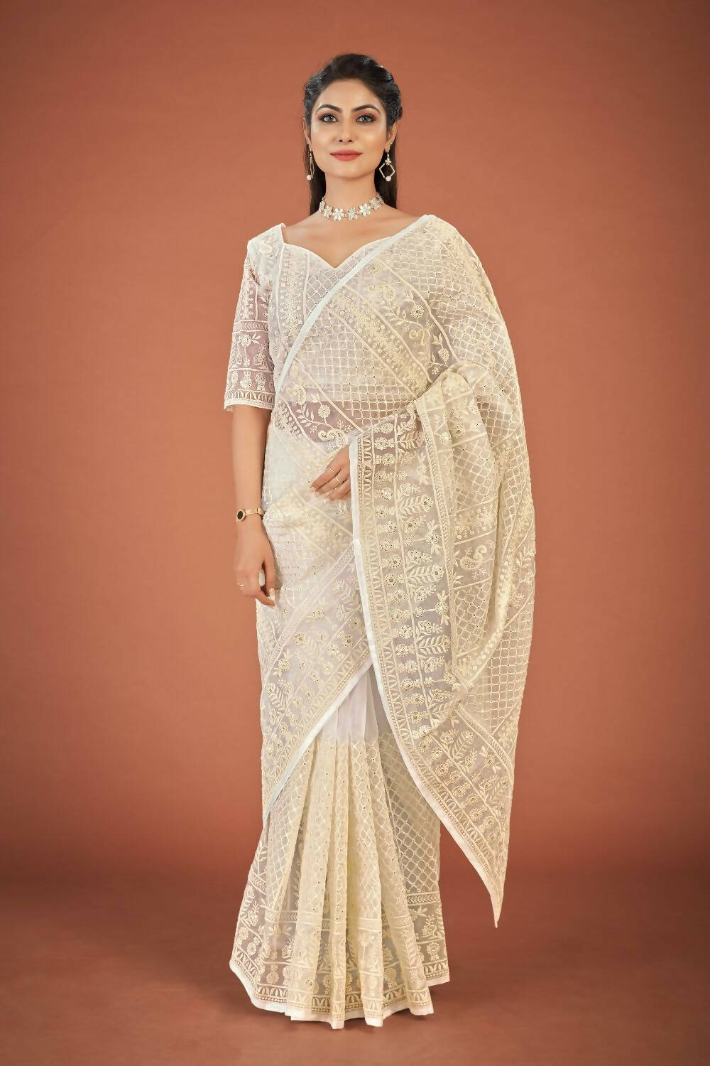 Vamsee White Organza Saree | Grocsy