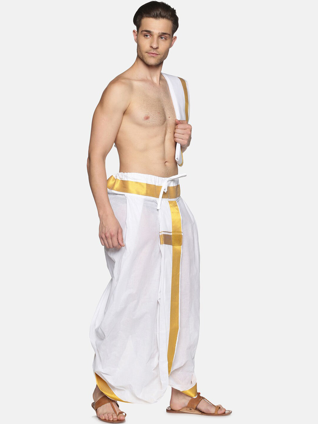 Sethukrishna Men White & Gold-Toned Solid Ready Made Dhoti Pants | Grocsy
