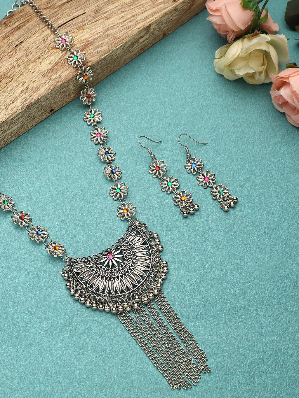 Cardinal Women Silver-Toned Pink & Yellow Stone Studded Jewellery Set | Grocsy