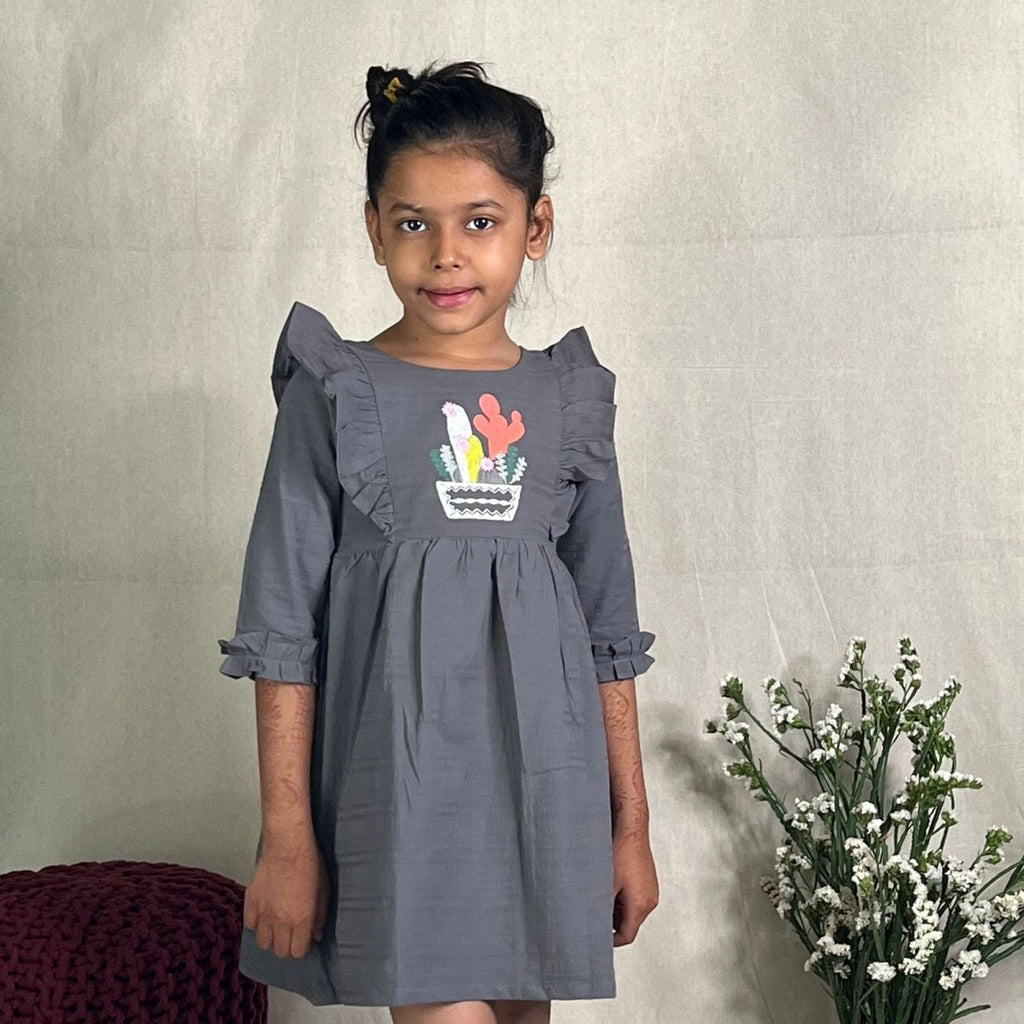 ArthLife Grey Cactus Embroidered Dress | Grocsy