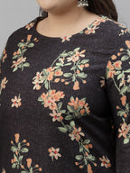 Sztori Plus Size Black Floral Printed Round Neck Straight Kurta with Trousers | Grocsy