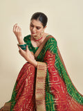 Sangria Red & Green Woven Design Zari Poly Georgette Bandhani Saree | Grocsy