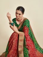 Sangria Red & Green Woven Design Zari Poly Georgette Bandhani Saree | Grocsy