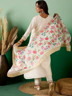 Sangria Off White Floral Embroidered Zari Sequence A-Line Kurta With Trouser & Dupatta | Grocsy