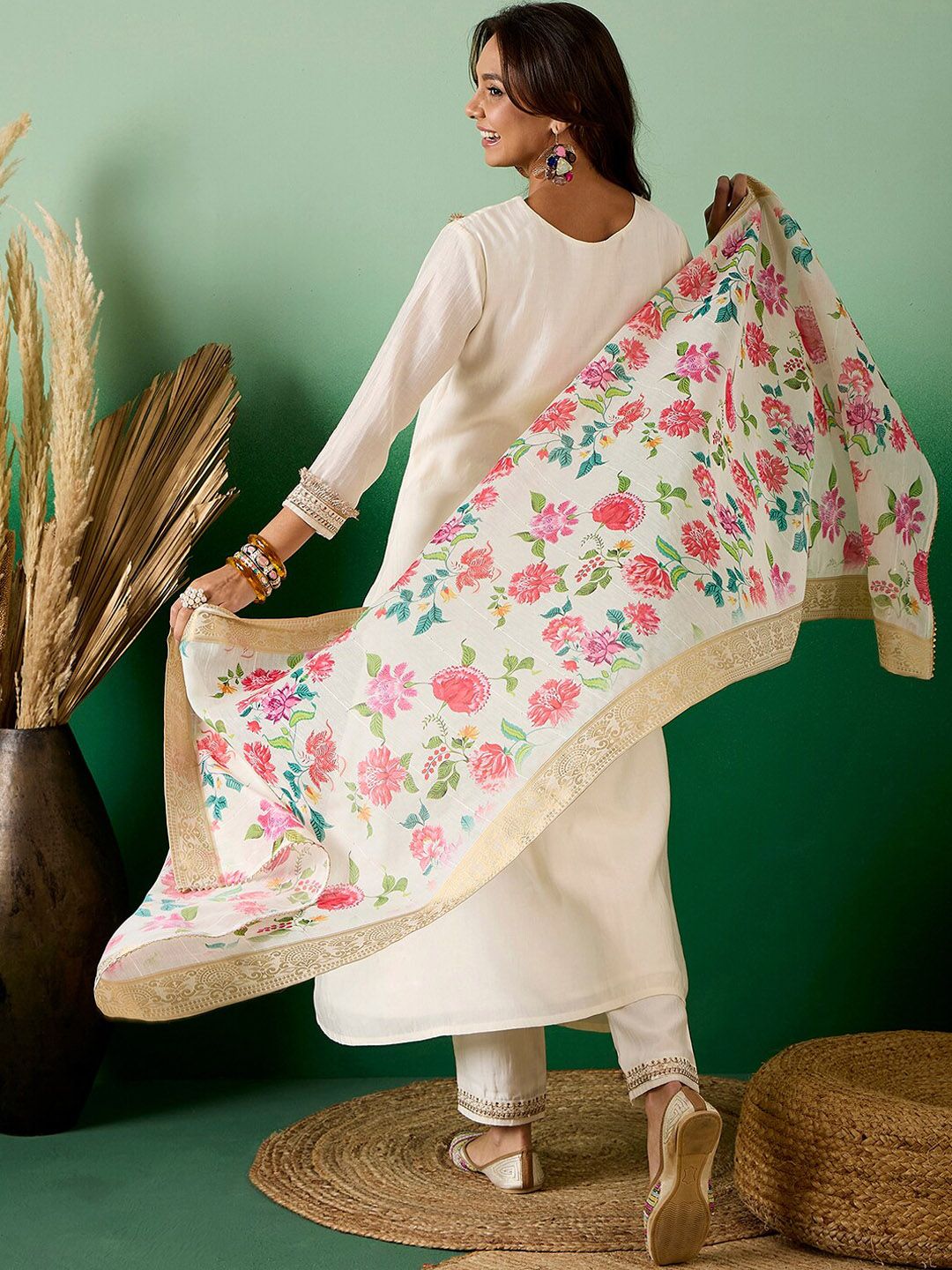 Sangria Off White Floral Embroidered Zari Sequence A-Line Kurta With Trouser & Dupatta | Grocsy