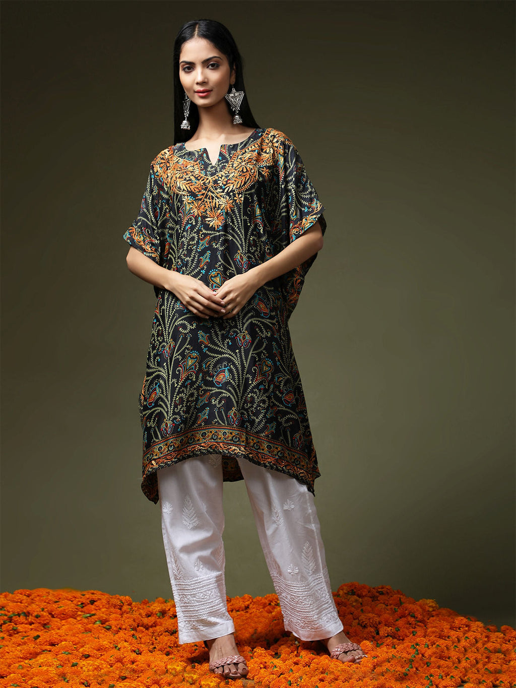 HOUSE OF KARI Ethnic Motifs Printed Chikankari Embroidery Cotton Kaftan Kurta | Grocsy