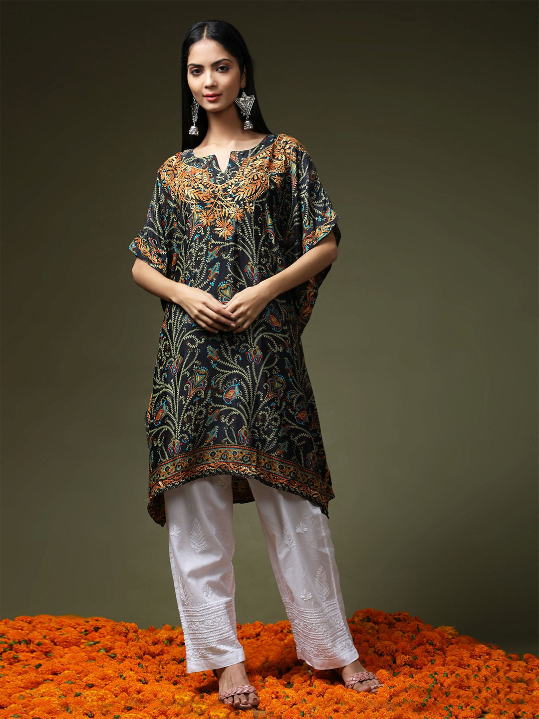 HOUSE OF KARI Ethnic Motifs Printed Chikankari Embroidery Cotton Kaftan Kurta | Grocsy