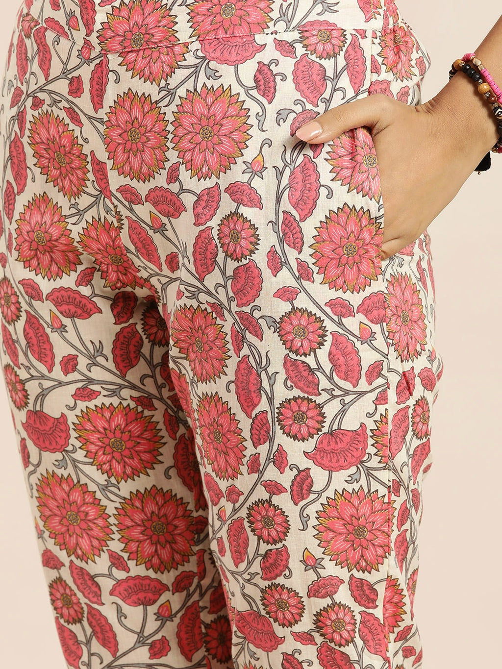 Sangria Women Off White & Peach-Coloured Floral Print Straight Cotton Kurta with Trousers | Grocsy