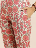 Sangria Women Off White & Peach-Coloured Floral Print Straight Cotton Kurta with Trousers | Grocsy