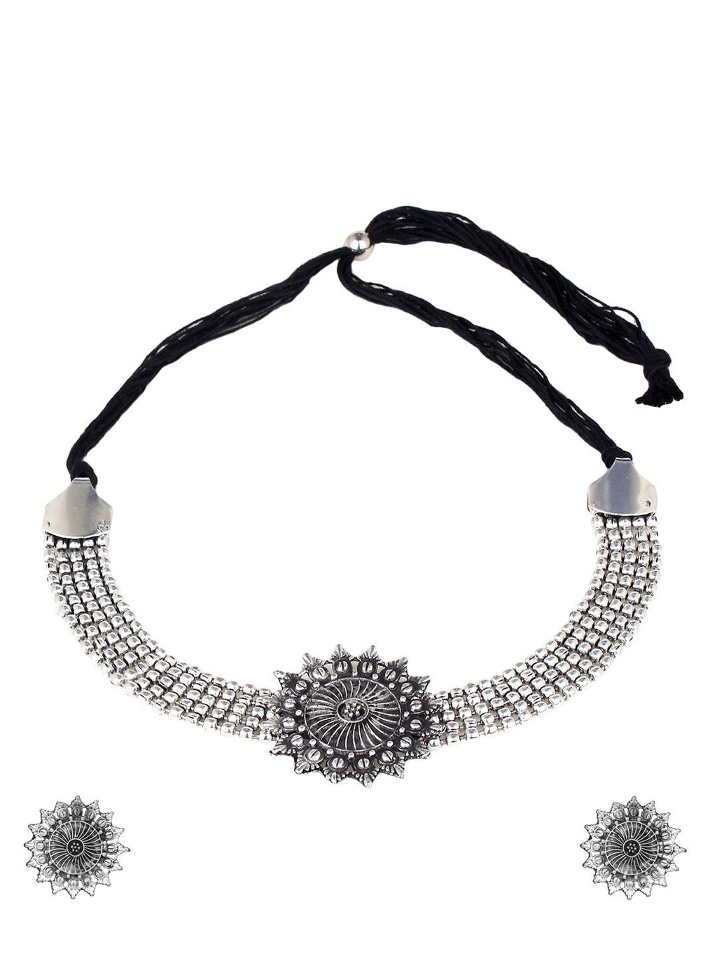 Cardinal Silver-Toned Black Oxidized Choker Necklace Set | Grocsy