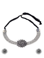 Cardinal Silver-Toned Black Oxidized Choker Necklace Set | Grocsy