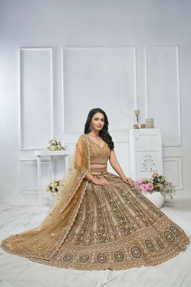 Kesar Fab Brown Net Embroidered Lehenga | Grocsy