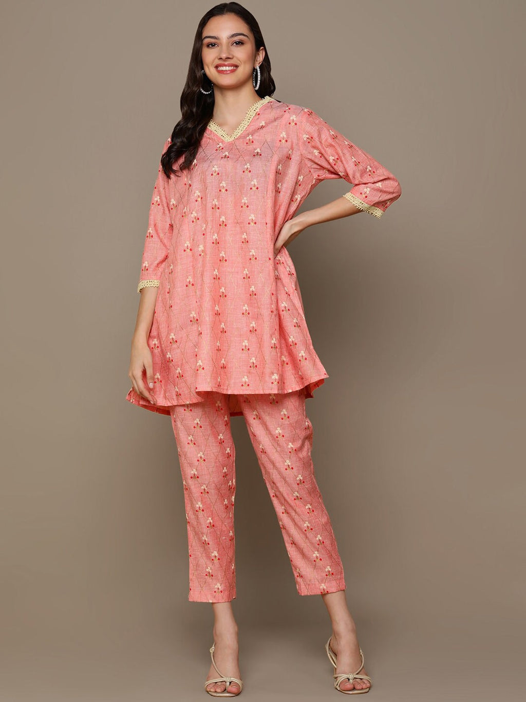 HERE&NOW Orange Floral Printed A-Line Kurta Set | Grocsy