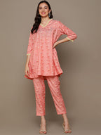 HERE&NOW Orange Floral Printed A-Line Kurta Set | Grocsy