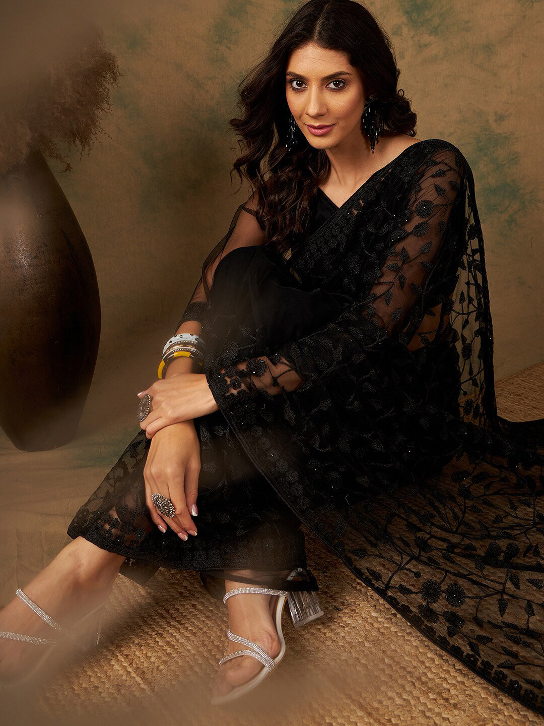 Sangria Floral Embroidered Net Saree | Grocsy