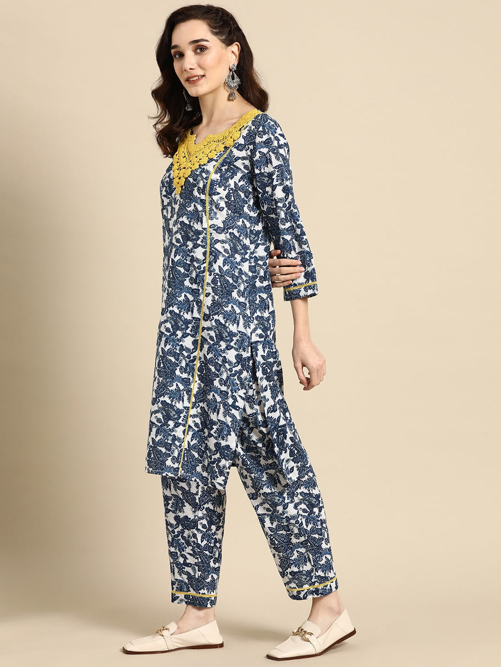 Sangria Women Navy Blue Ethnic Motifs Embroidered Detail Cotton Kurta with Trousers | Grocsy
