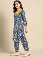 Sangria Women Navy Blue Ethnic Motifs Embroidered Detail Cotton Kurta with Trousers | Grocsy
