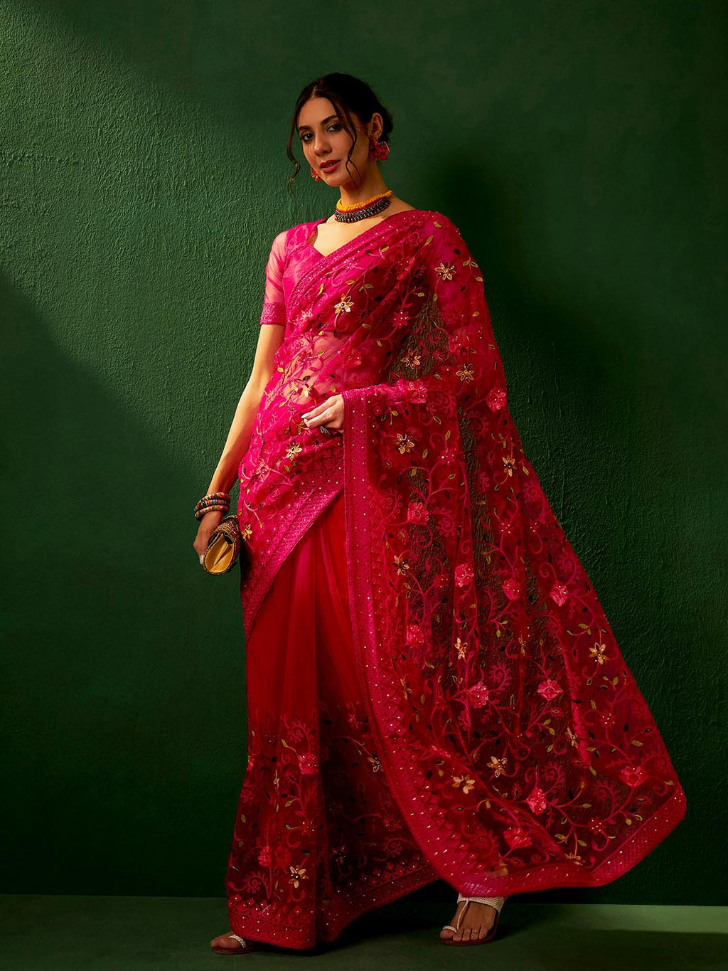Sangria Embroidered Net Saree | Grocsy
