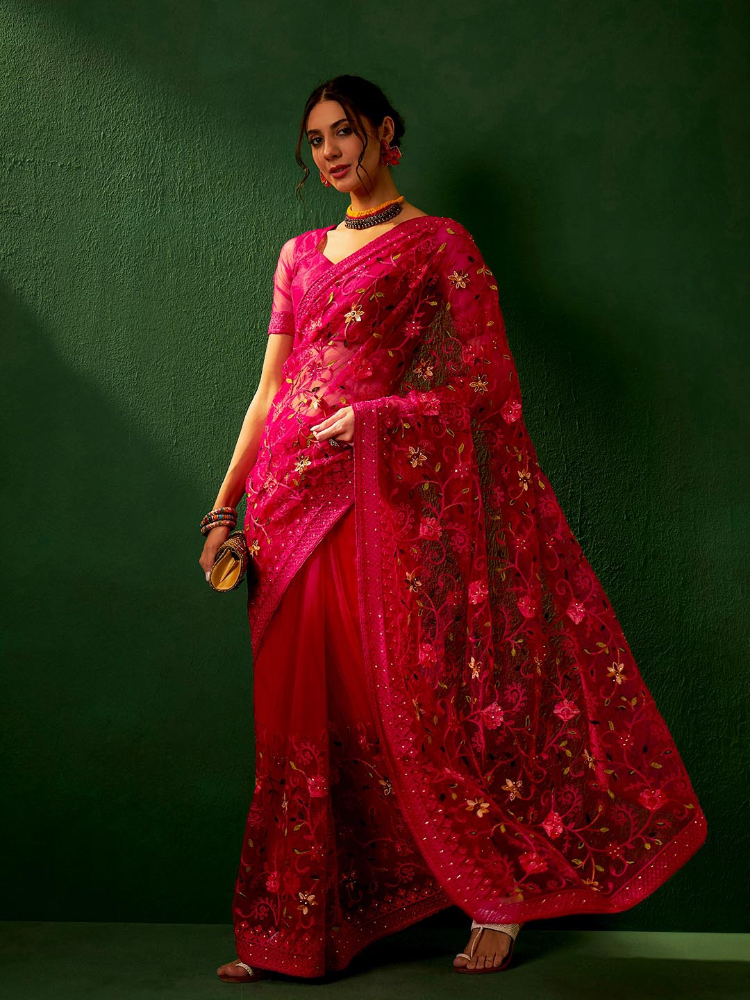 Sangria Embroidered Net Saree | Grocsy