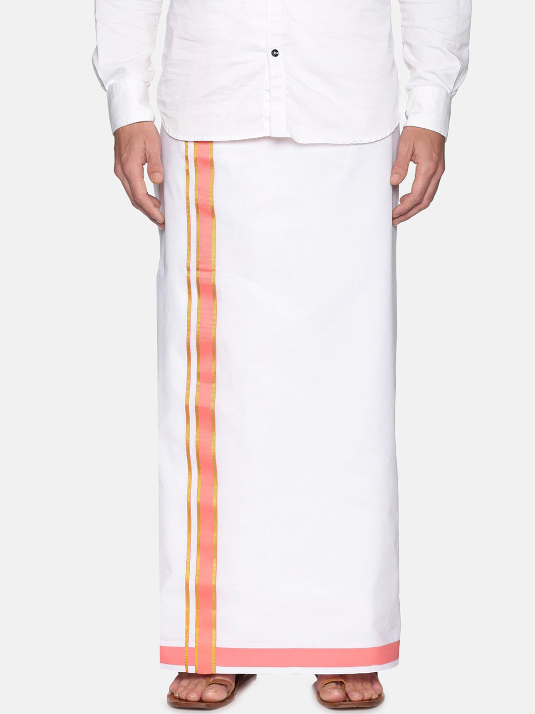 Sethukrishna Men White & Pink Solid Cotton Dhoti | Grocsy