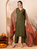 Janasya Olive Straight Rayon Slub Kurta,Bottom & Dupatta | Grocsy