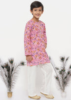 Little Bansi Boys Cotton Block Print Floral Kurta with Pearl Buttons & Pyjama in Pink & Cream | Grocsy