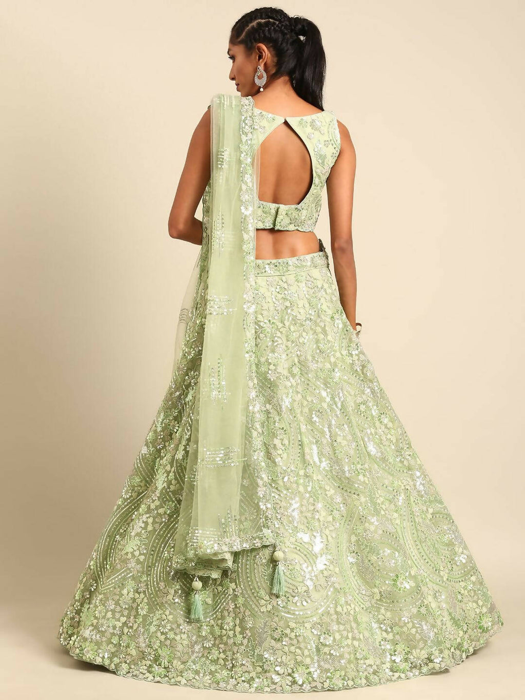 House of Panchhi Lime Green Net Sequins and Zarkan embroidery Lehenga choli & Dupatta | Grocsy
