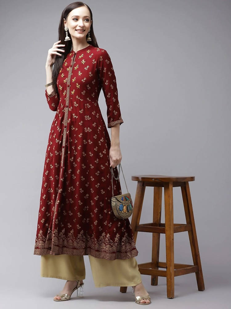 Yufta Women Maroon & Gold Floral Printed Kurta | Grocsy