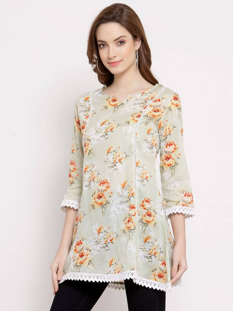Myshka Women's Off White Cotton 3/4 Sleeve Round Neck Printed Casual Tunic | Grocsy