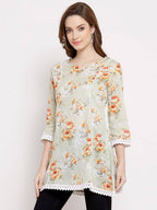 Myshka Women's Off White Cotton 3/4 Sleeve Round Neck Printed Casual Tunic | Grocsy